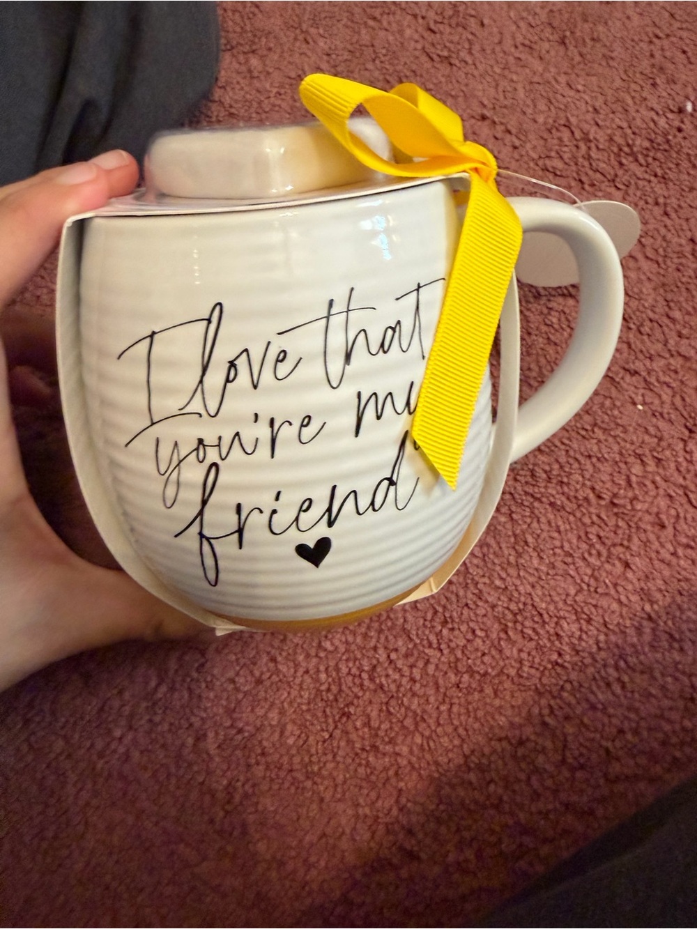 Hobby Lobby White Ceramic Mug with Scripted Friend Message and Yellow Ribbon